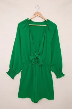 Solid Colour Casual Long Sleeve Shorts Jumpsuit - Green - View 1