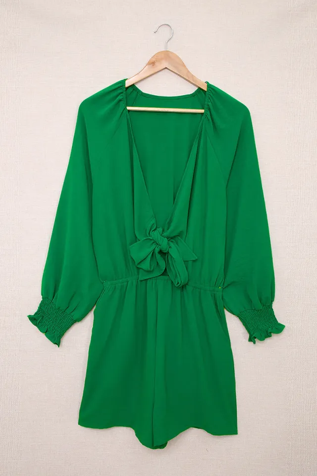 Solid Color Casual Long Sleeve Shorts Jumpsuit Green - Shop at LoveMi