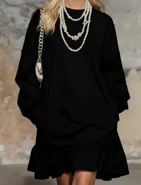 Loose Long sleeved Ruffled Sweatshirt Dress Black - Shop at LoveMi