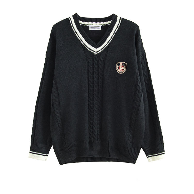 College Style Badge Embroidered V-neck Knitted Sweater
