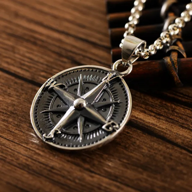Silver Vintage Distressed Round Compass Pendant Exquisite Black - Shop at LoveMi