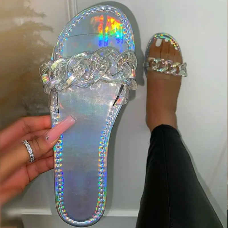 Casual Flat Bottomed Round Head One-line Candy Colour Large Size Sandals And Slippers - Silver
