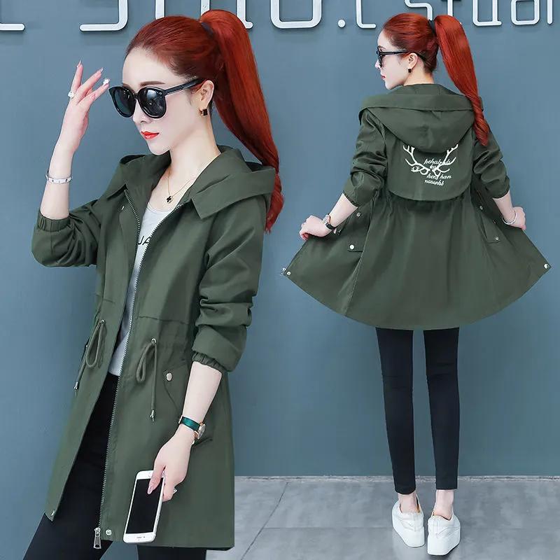 Korean Style Slim And Thin Temperament Autumn Windbreaker Women Mid-length Student Jacket Women - Army Green