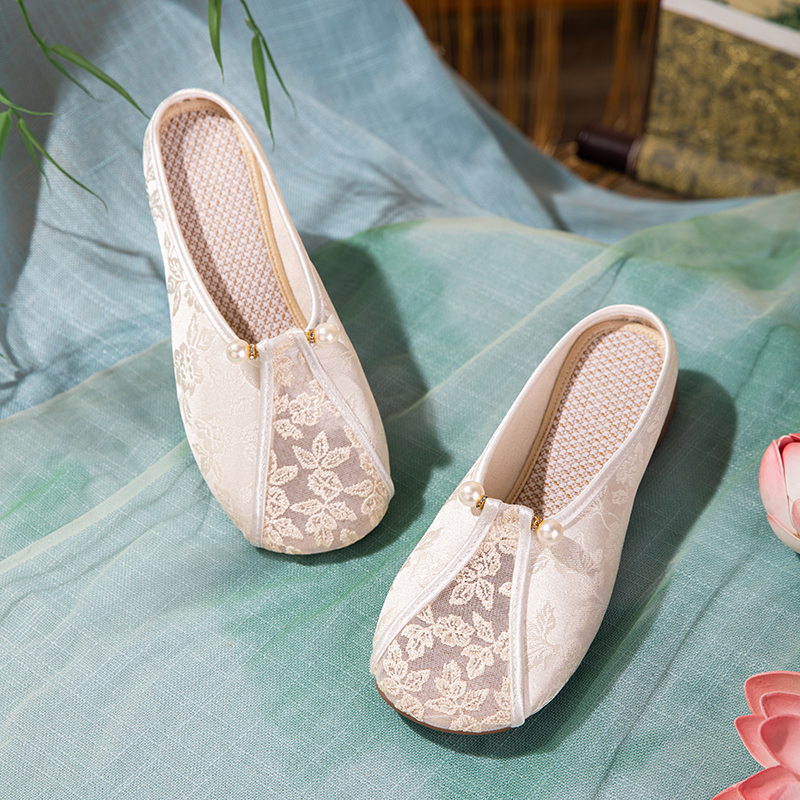 Embroidered Mesh Mule Slippers - Pearl Tassel Summer Breathable Cloth Shoes, Elegant Low-Heel Women S Shoes