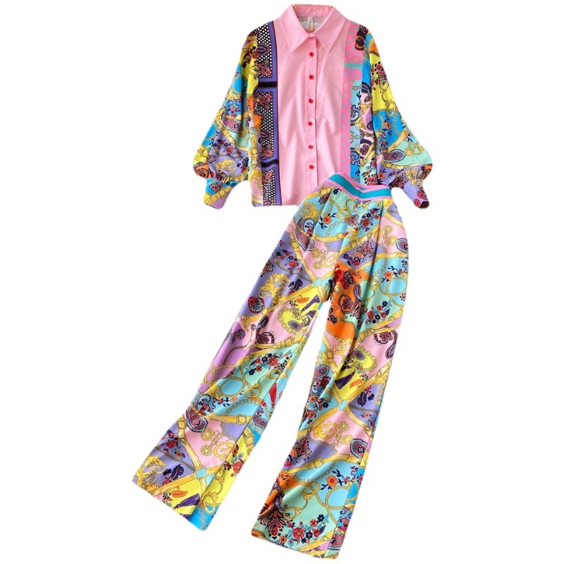 French Retro Print Temperament Loose Shirt Trousers Suit