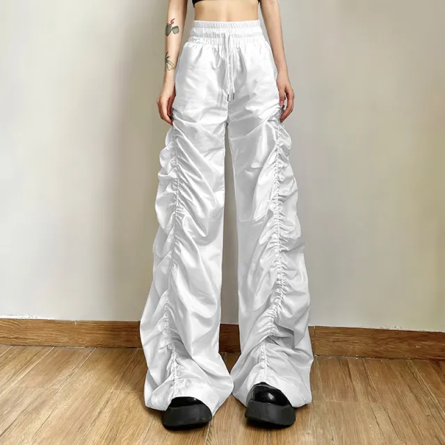 Grey Blue Pleated Drawstring Casual Pants For Women White - Shop at LoveMi
