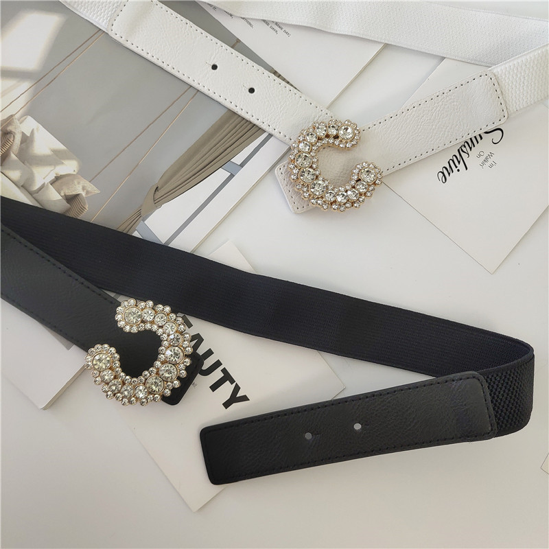 Semi Oval Diamond Inlaid Buckle Thin Waistband Female