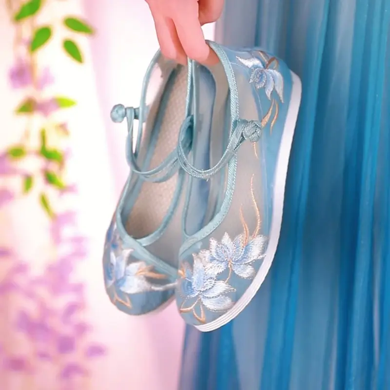 Summer Mesh Embroidered Shoes -Breathable Soft Sole Hidden Wedge Canvas Shoes, Vintage Style Embroidered Summer Sandals For Women