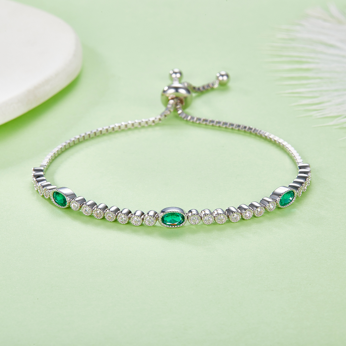S925 Sterling Silver Adjustable Slider Bracelet, 5x3mm 3-Stone Lab-Grown Emerald Box Chain, Platinum Plated 6.5g Fine Jewelry Gift Box