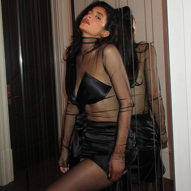 European And American Style Summer New Fashion Sexy Mesh Stitching Sheer Long Sleeve Dress