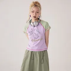 Contrast Printed Round Neck Short Sleeved T-shirt For Women - Pink Purple Green - View 1