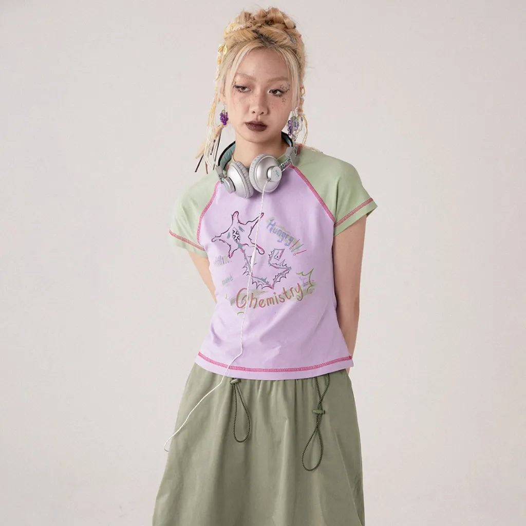 Contrast Printed Round Neck Short Sleeved T-shirt For Women - Pink Purple Green