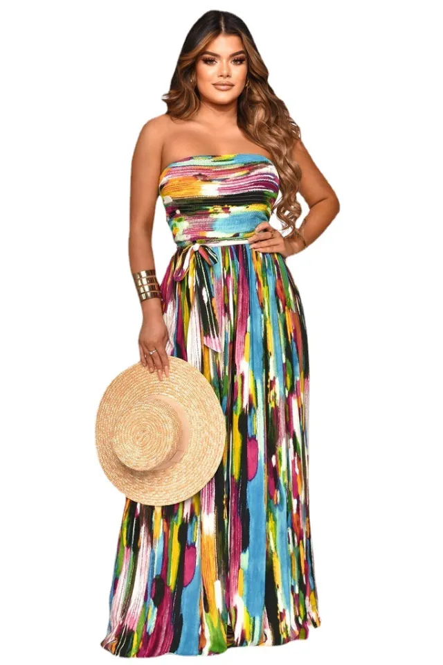 Women's Design Sense Painted Print Tube Top Jumpsuit L Color Stripes - Shop at LoveMi