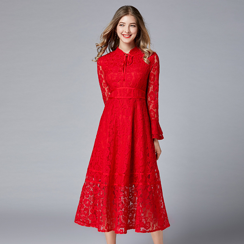 Lace Stand-Collar Long Dress, picture 3 of 5