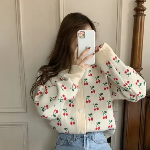 Fashionable Lady Cute Cherry Jacquard Jacket