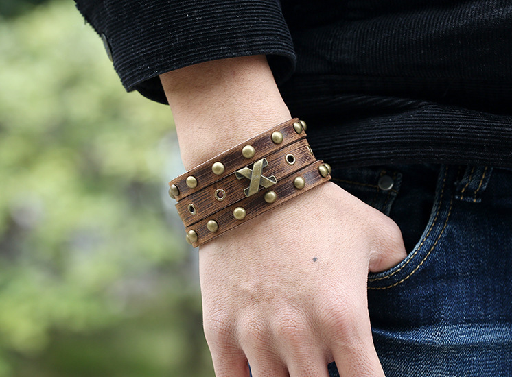 Vintage Punk Leather Bracelet Men's Rivet Leather Bracelet