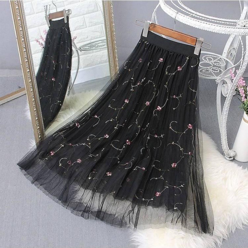 Women's Mid-length Pleated High-waist Slim Mesh Skirt