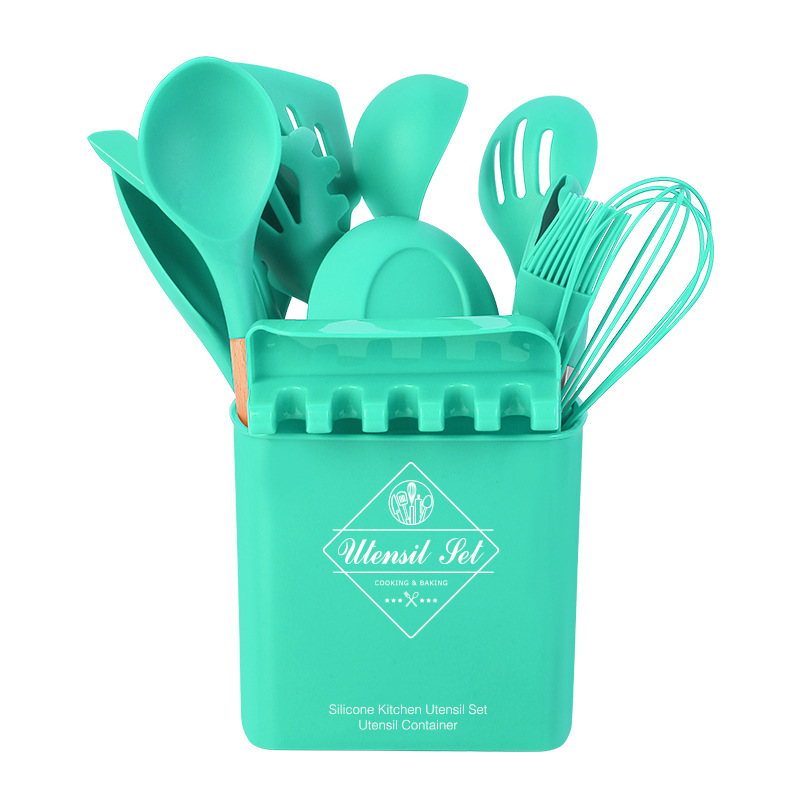 Title 9, 14-piece Silicone Kitchenware With Wooden Handle