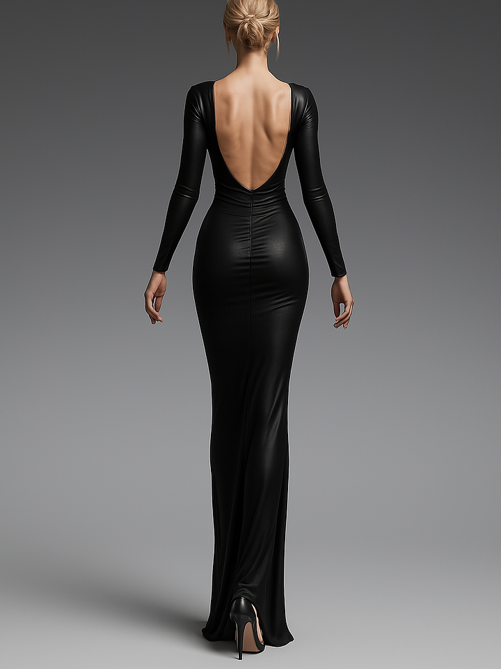 Black Deep V Backless Long Sleeve Dress