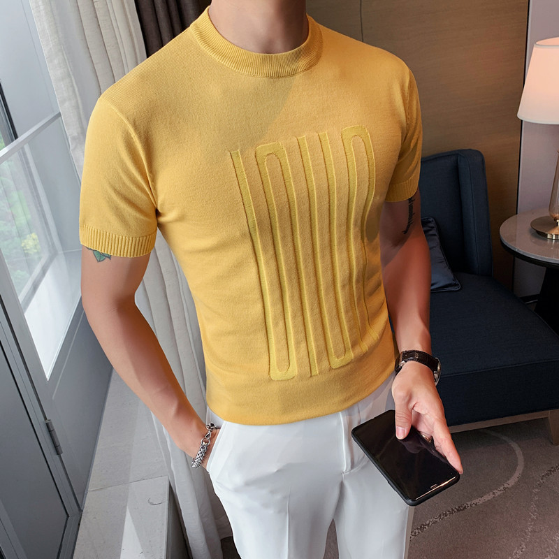 Men's Short sleeved Solid Color T shirt, Round Neck, Knitted T shirt Yellow - Shop at LoveMi