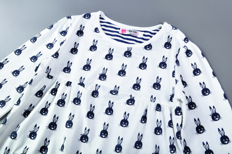 Girls Round Neck Long Sleeve Cartoon Bunny Print Princess Dress