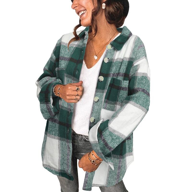 Ladies Plaid Shirt Buttoned Pocket Casual Jacket