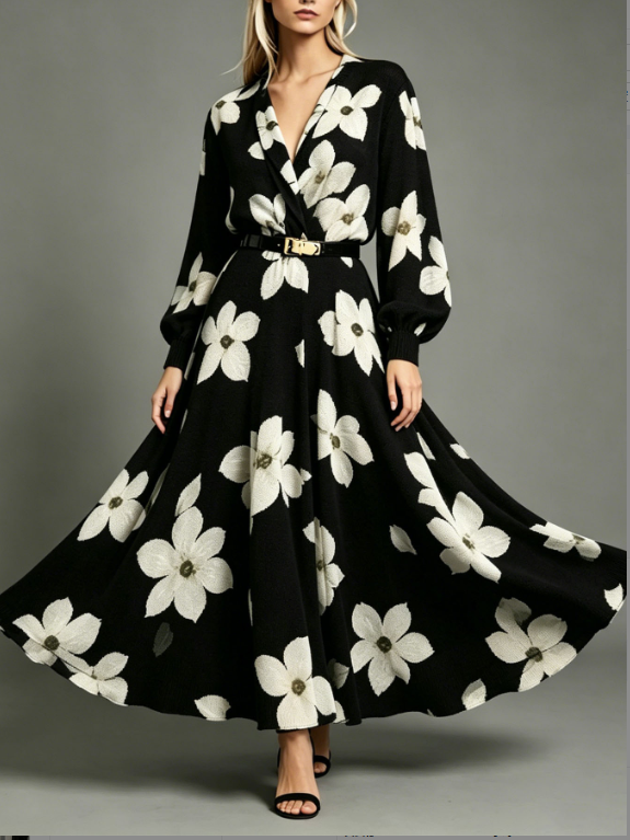 Black Background Large White Flower V-neck Waist Cinched Knitted Long Dress