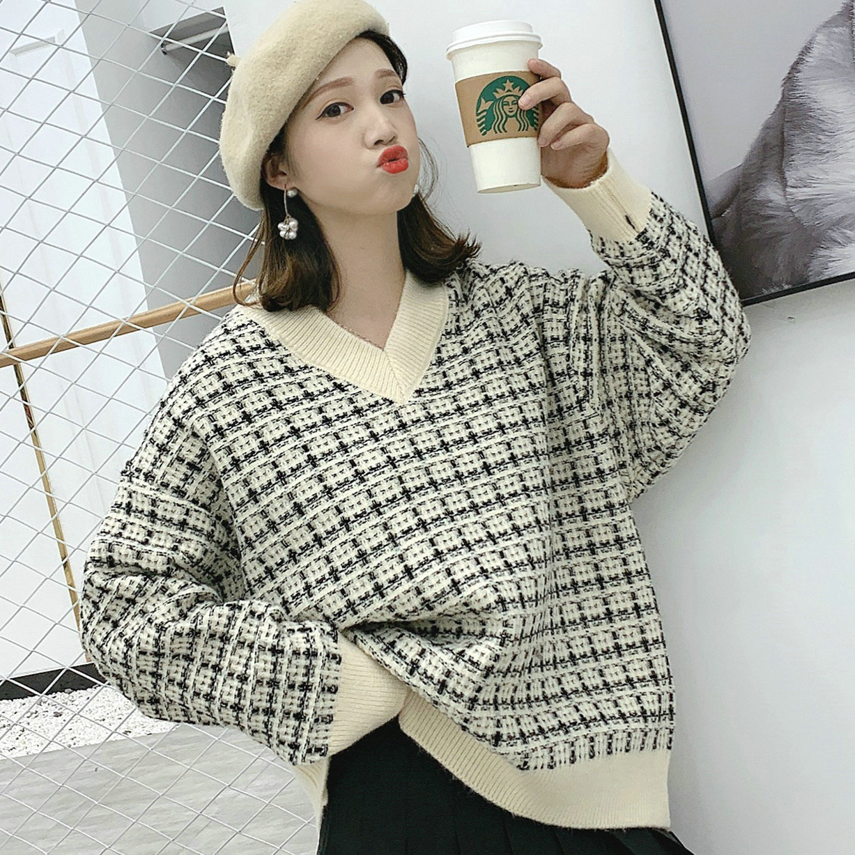 Title 2, Autumn Checkered Knit Pullover Short Loose Sweater