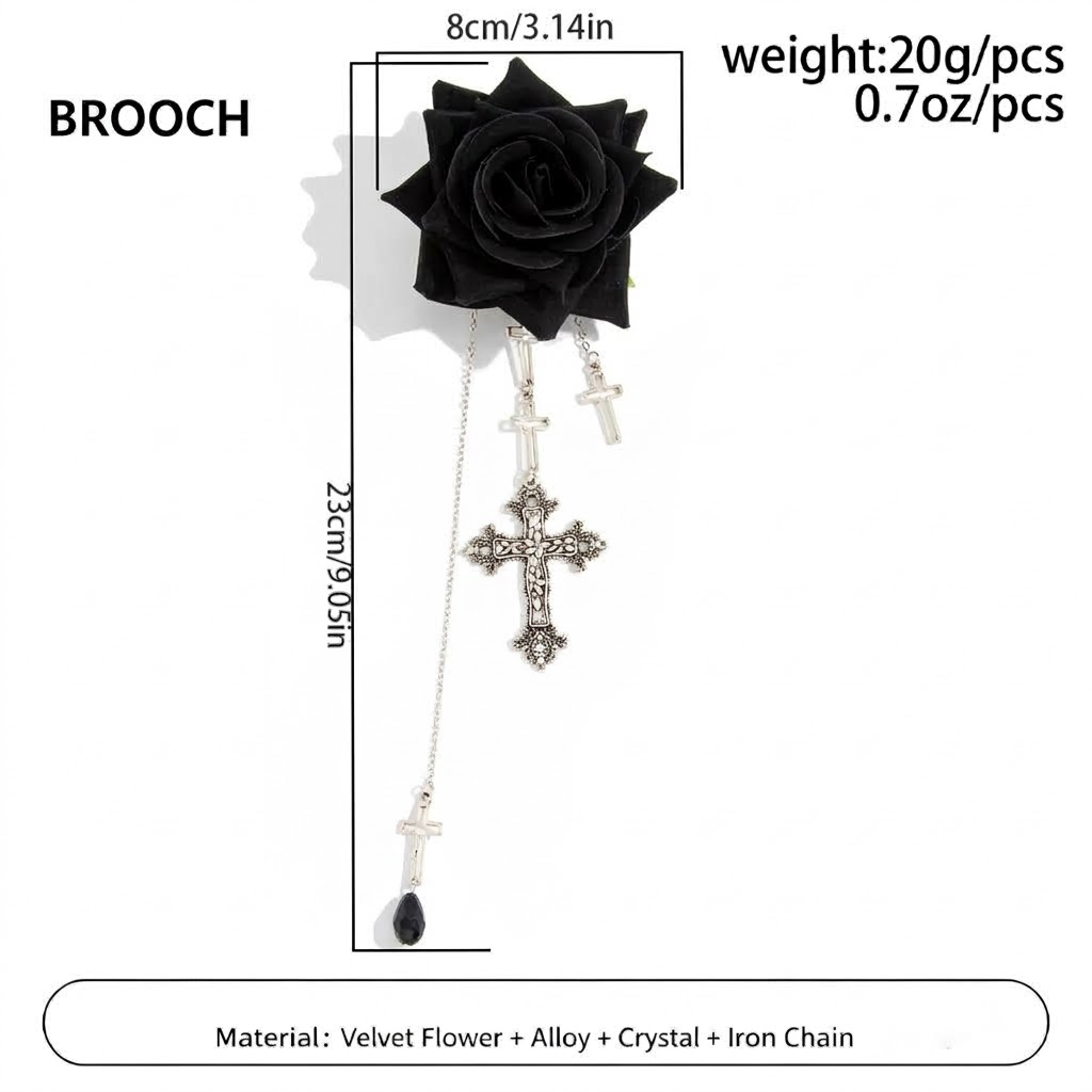 Gothic Dark Vintage Velvet Rose Brooch Pin With Antique Cross Pendant