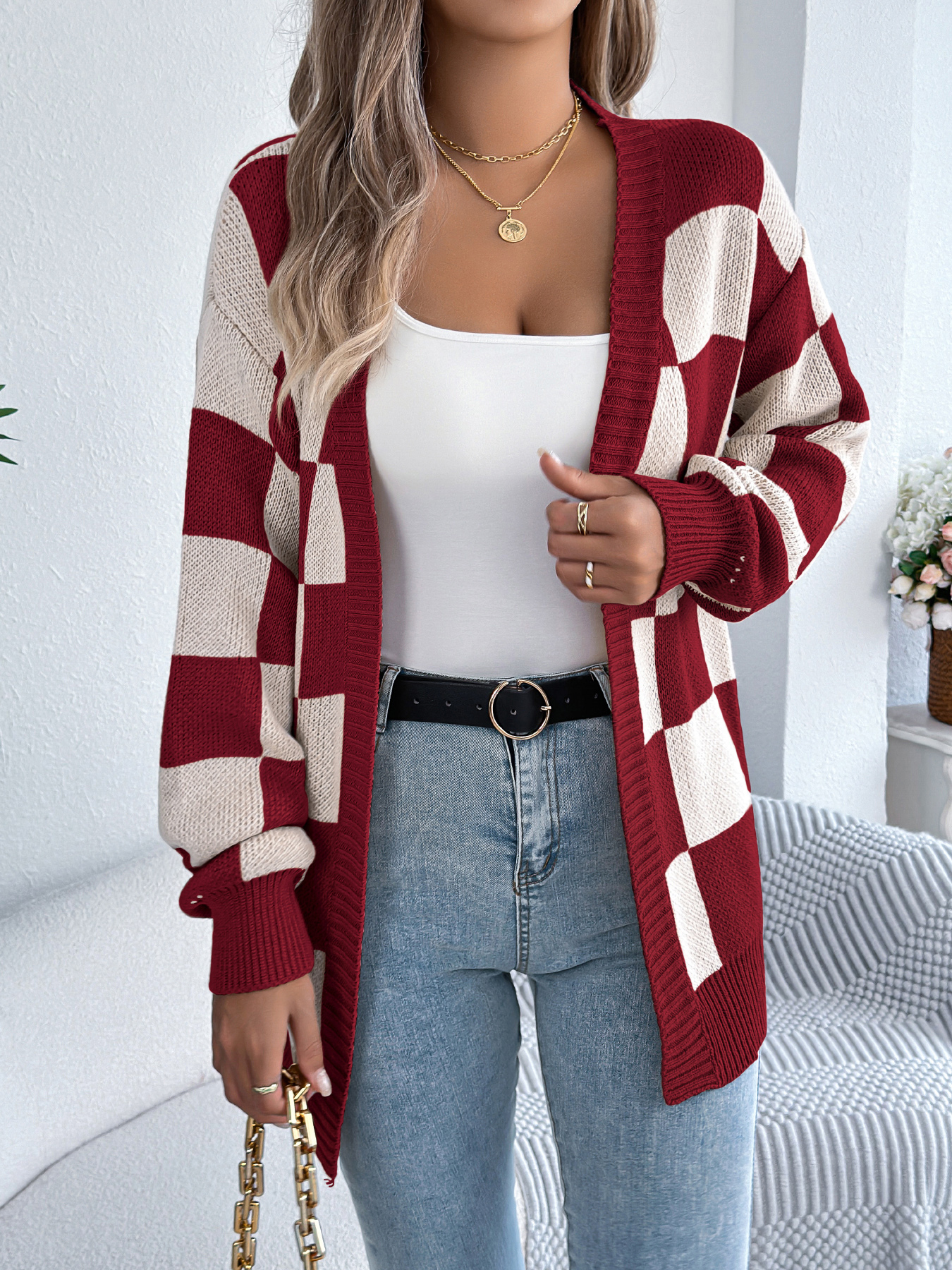 Color Block Plaid Lantern Sleeve Cardigan Sweater Mid-Length Coat - Image 7