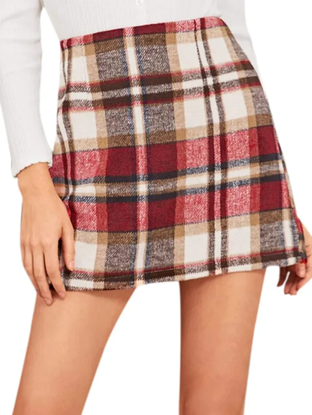 High waisted Plaid Skirt Tight Pencil Wool Mini Skirt Red - Shop at LoveMi