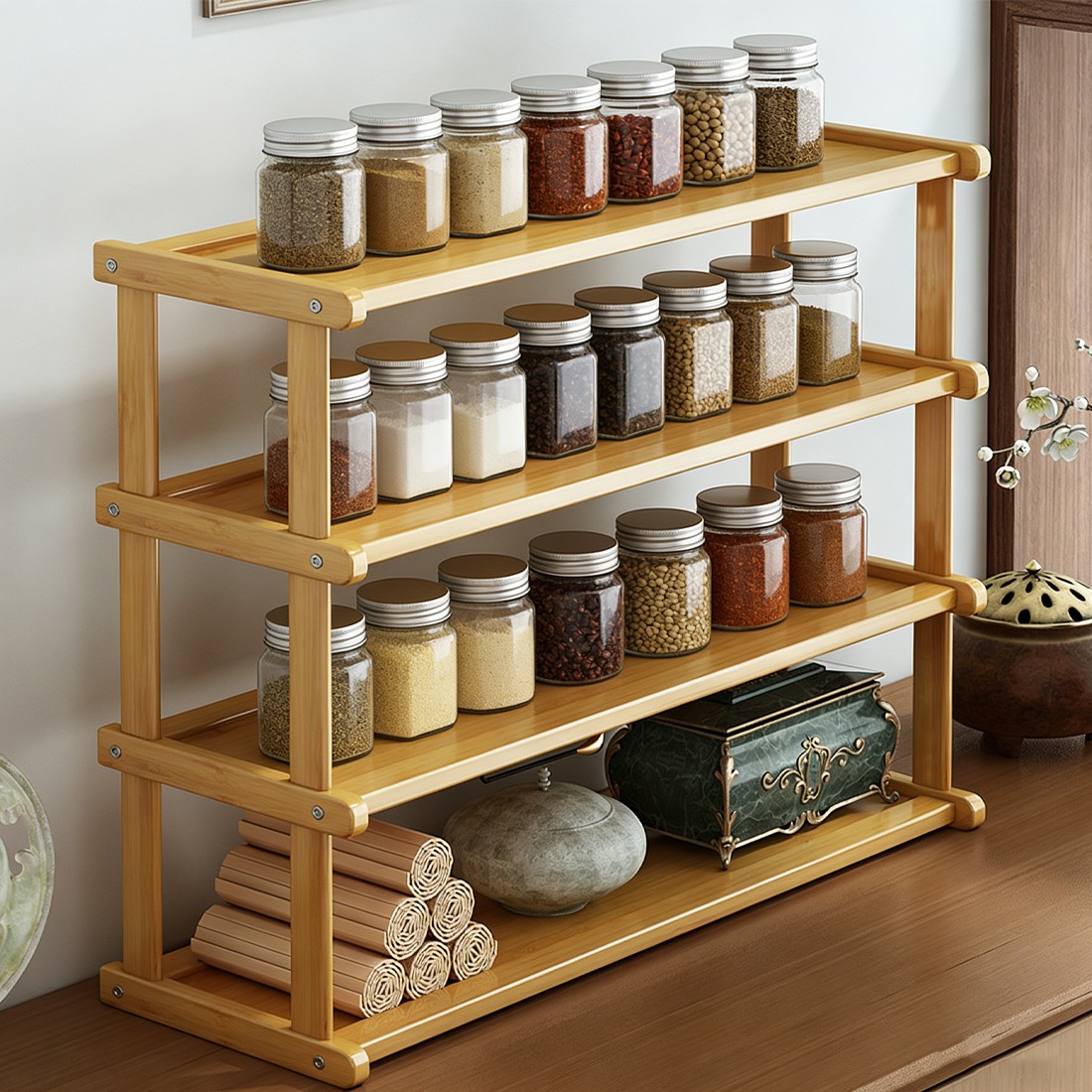 34Tier Spice Rack Coffee Station Organizer Wooden Kitchen Countertop Organizer