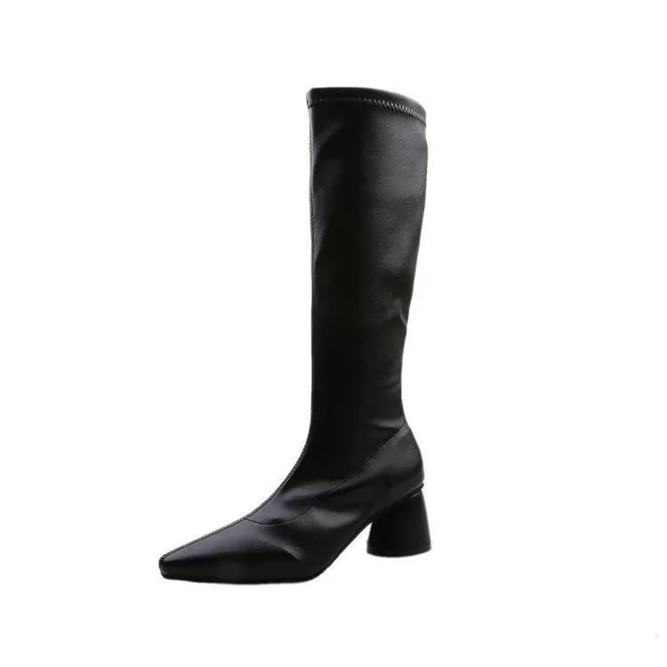 Long Boots Women's Boots Autumn And Winter New British Style Women's Shoes High-heeled Black Thick-heeled Retro Boots Pointed Knight Boots - Black