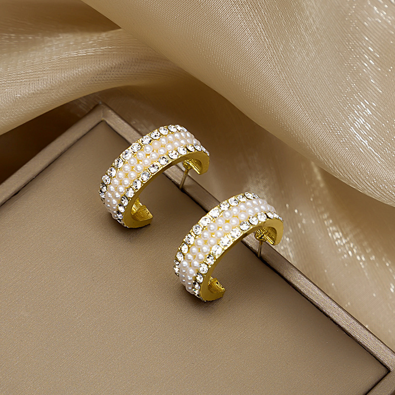 925 Silver Needle C-shaped Pearl Diamond Earrings Textured Earrings Net Red All-match Earrings