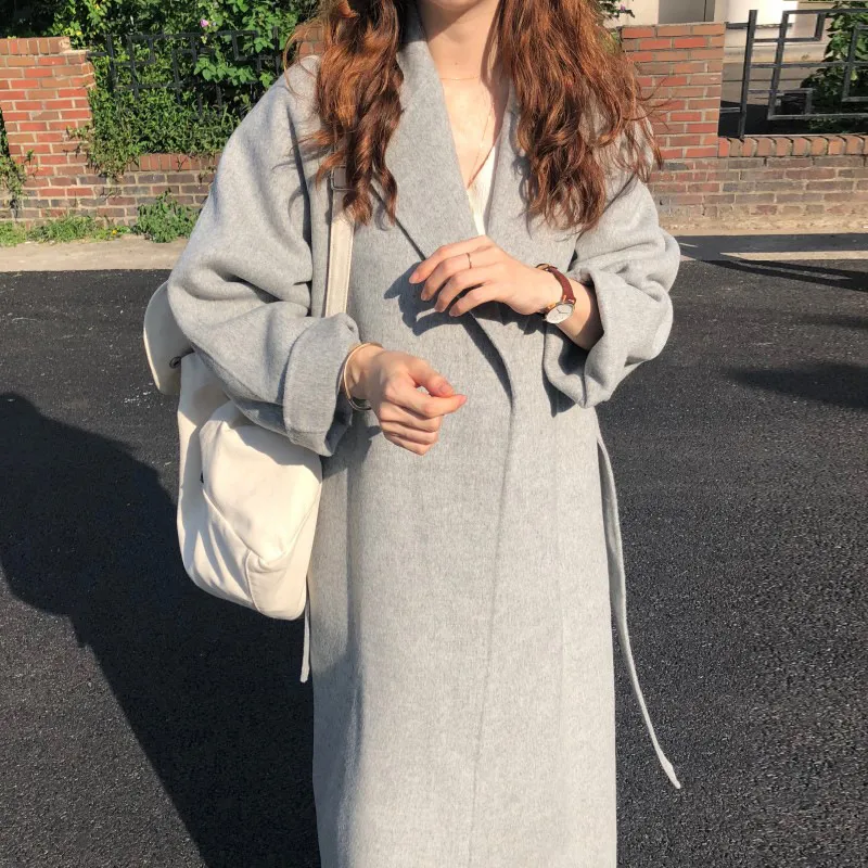Lapel Loose Tie Women's Cashmere Woolen Coat - Light Grey