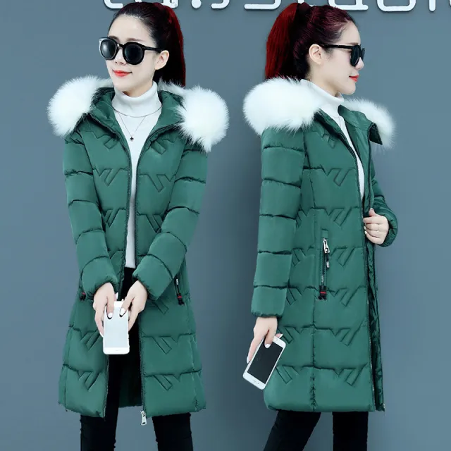 Slim Slimmer Hooded Big Fur Collar Plus Size Cotton Jacket Trendy Green White Fur Collar - Shop at LoveMi