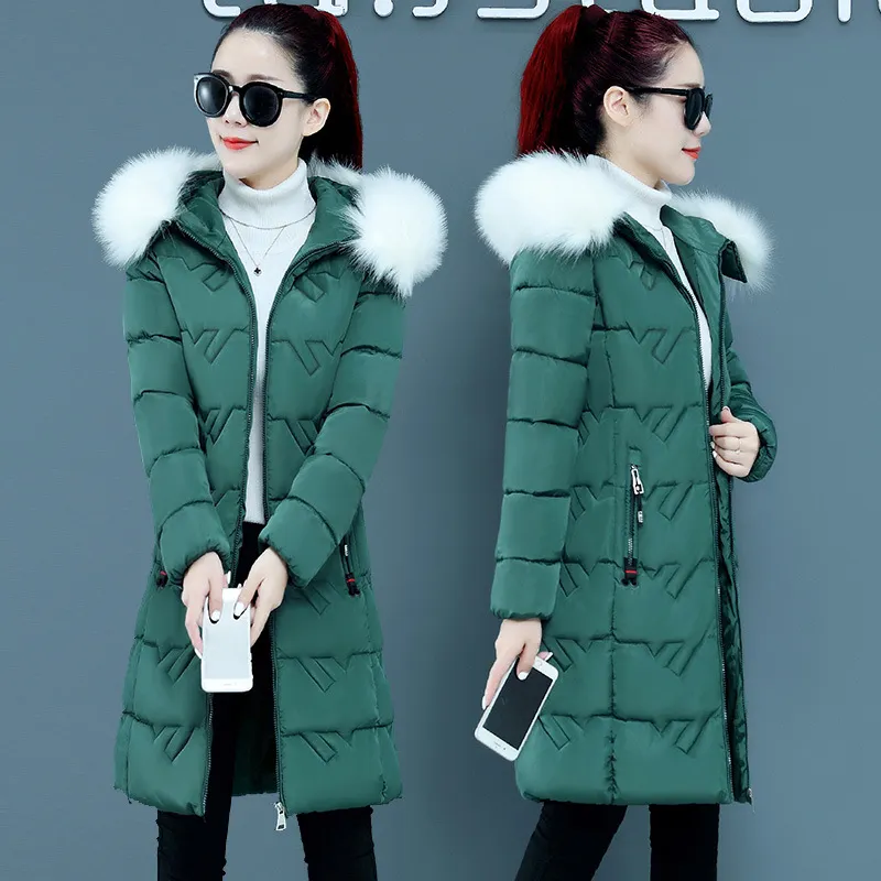 Slim Slimmer Hooded Big Fur Collar Plus Size Cotton Jacket Trendy - Green White Fur Collar