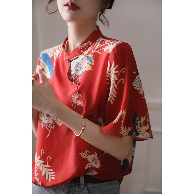 Chinese Style Women's Stand-up Collar Silk Shirt Women