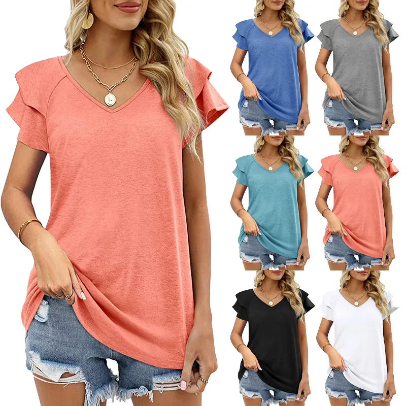 Ruffle Short Sleeve T Shirt Blouses Solid Color Summer