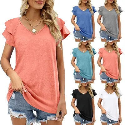 Ruffle Short Sleeve T Shirt Blouses Solid Color Summer Tops Blouse