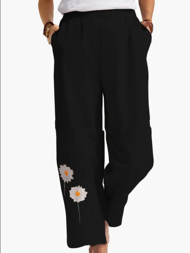 Daisy Print Elastic Waist Slacks Black - Shop at LoveMi