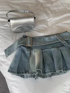 High Waist Slimming Denim Pleated Skirt - View 1