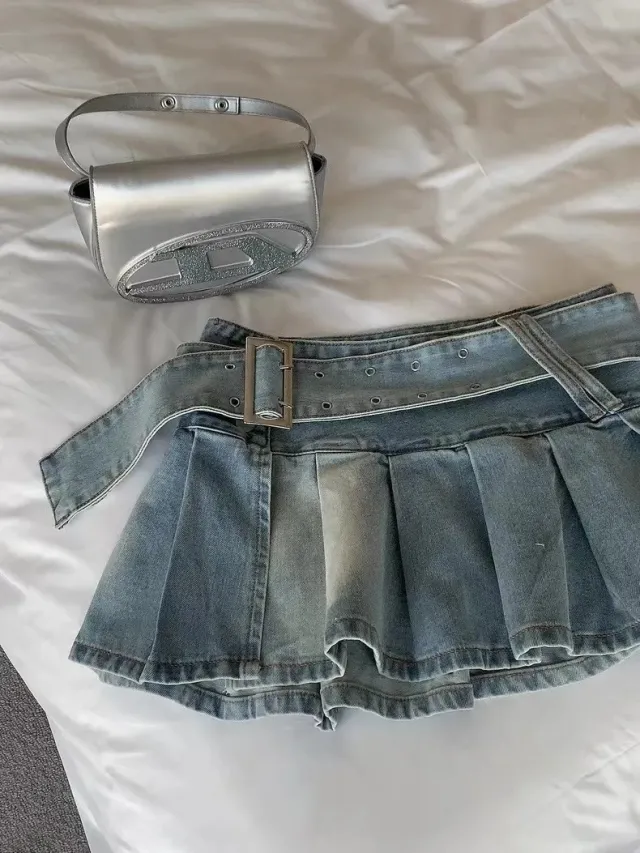 High Waist Slimming Denim Pleated Skirt - Shop at LoveMi