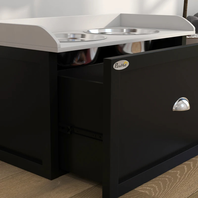 PawHut Pet Feeding Station Pet Dish Bowl Set With Storage, 2 Elevated Dog Bowls For Large Sized Dogs, White And Black