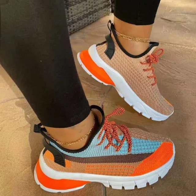 Low cut Color Matching Round Toe Flat bottom Flying Knit Sneakers Women Orange - Shop at LoveMi