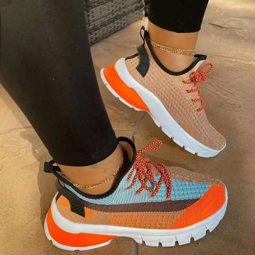 Low-cut Color Matching Round Toe Flat-bottom Flying Knit Sneakers Women - Orange