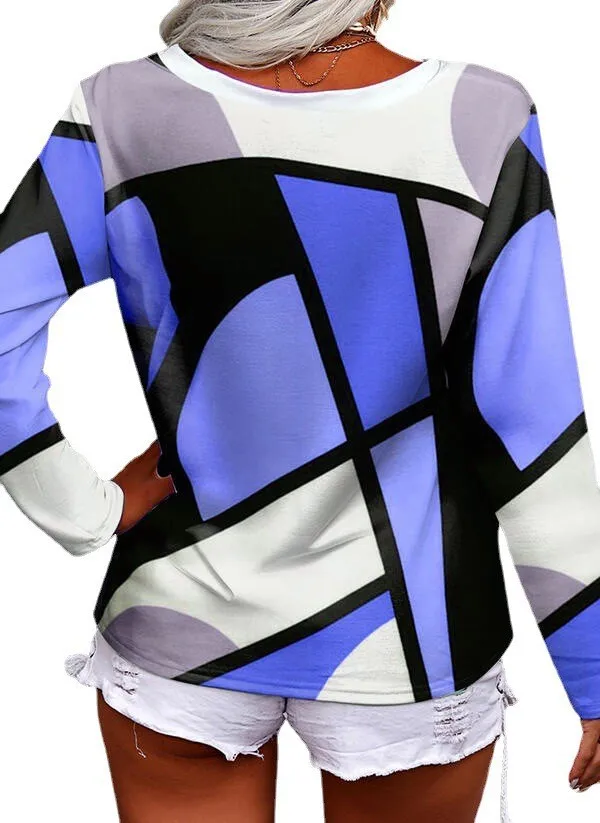 Long Sleeve Casual Loose V neck Cross Geometric Print Blue - Shop at LoveMi