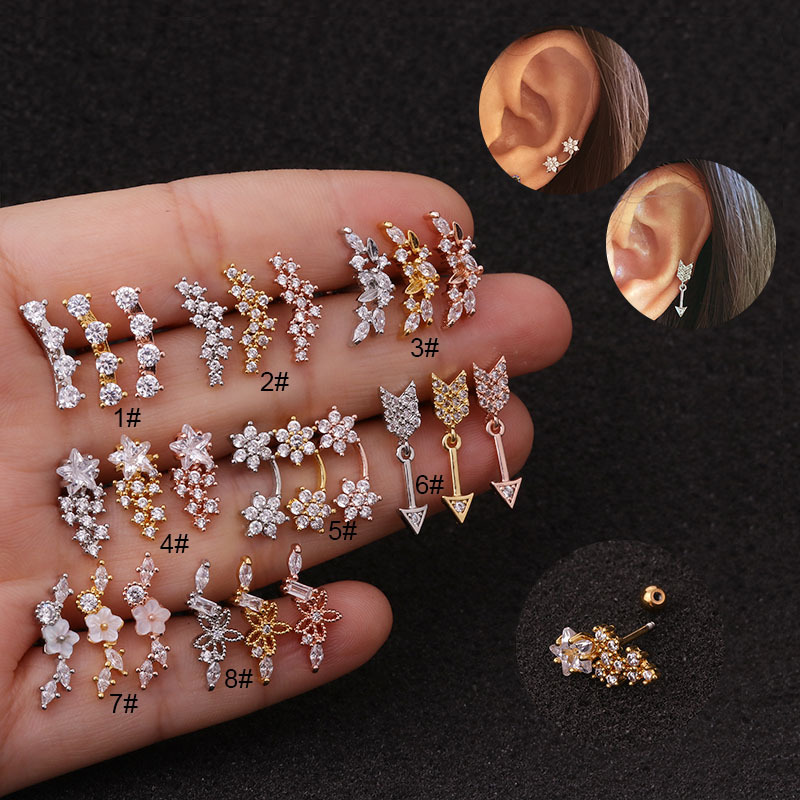 Stainless Steel Zircon Earrings Creative Flower Screws