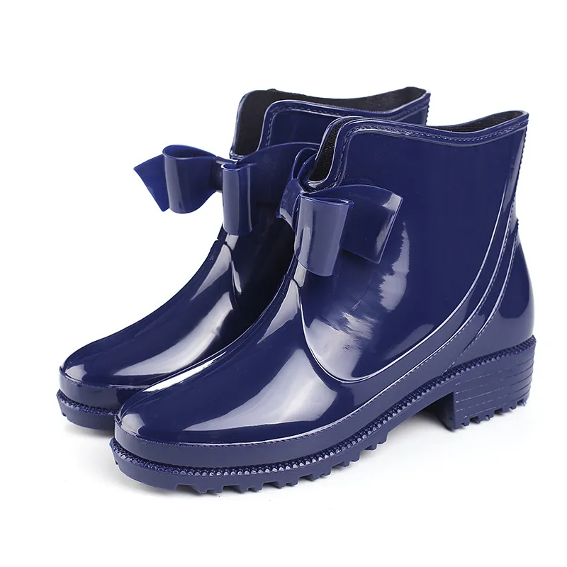 Short Tube Women's Rain Boots Waterproof Non-Slip Flat-Heeled Plastic Bow Rain Boots - Blue