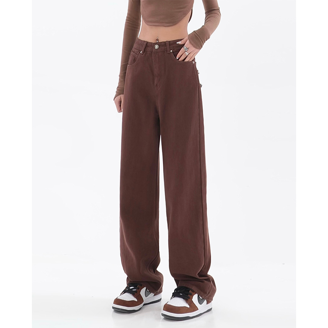 Coffee Color Design Sense Straight High Street Pants Trend